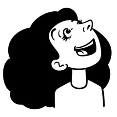 Vector comic drawing of a black-haired woman who laughs and looks up in the air. outline, sketch, doodle, ink, character, isolated, black, white.