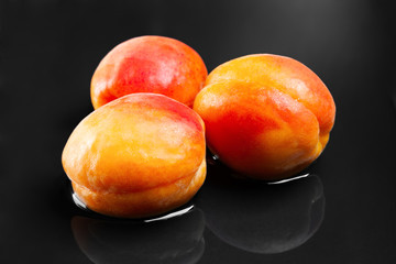 Three wet apricots in water on a dark background. Fresh juicy ruddy apricots in a dark clay plate filled with water.
