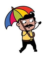 Walking with Umbrella - Indian Cartoon Man Father Vector Illustration