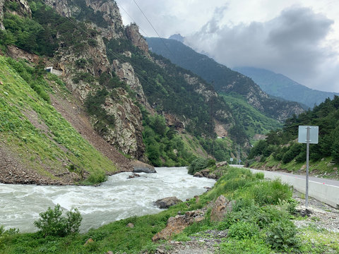 Russia, North Ossetia. Kassar gorge in summer in cloudy weather