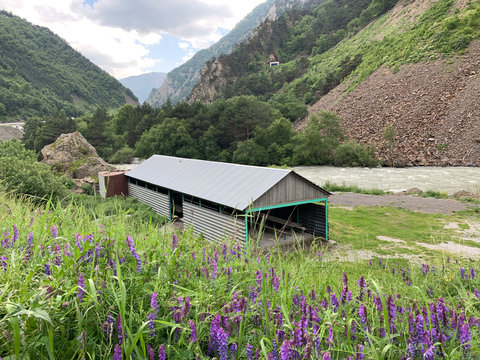 Russia, North Ossetia. Recreation area on the banks of the river Ardon in the Kassar gorge in the summer at the entrance to the North Ossetian nature reserve