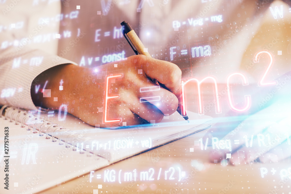 Poster student or teacher with mathematical and scientific formulas. concepts of education.