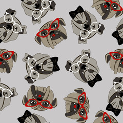 Nice endless ornament with chaotic muzzle of a dog with glasses and bow ties on gray backdrop. - 277571837