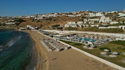Aerial photo of famous sandy beach with turquoise clear sea of Megali Amos next to iconic and...