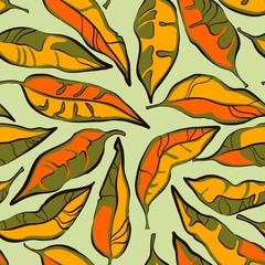 Decorative seamless autumnal pattern with chaotic multicolored leaves on light mint backdrop. Endless ornament for fabric, wrapping, packaging paper, decoration.
