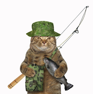 The cat fisher in uniform with a fishing rod and a bag is holding