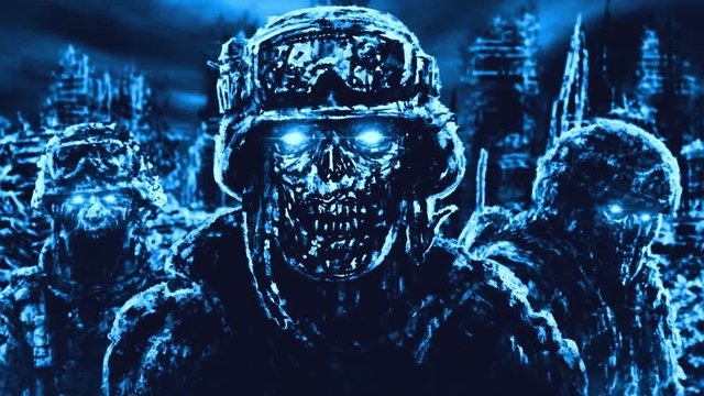 Scary zombie soldiers. Armageddon warriors against backdrop of ruined city. Vj loop 2D animation. Horror fiction genre. Animated video clip nightmares for spooky Halloween. Black and blue background.