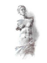 Fototapeta na wymiar Greek statue Venus de Milo ancient sculpture watercolor painting illustration isolated on white background