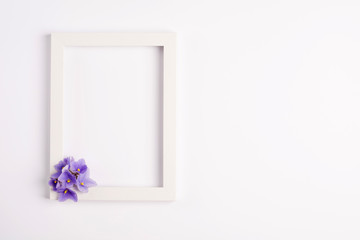 Violet flowers, photo frame on a white background. Top view, copy space. Flat lay.