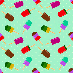 Summer pattern with fruity popsicle on a polka dot background. summertime seamless pattern with ice cream pop stick. Summer tropical elements vector.