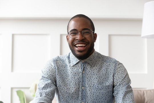 Happy Black Man Video Calling Looking At Camera At Home