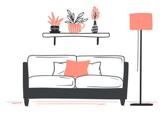 Interior in Scandinavian style. Part of the room. Hand drawn vector illustration