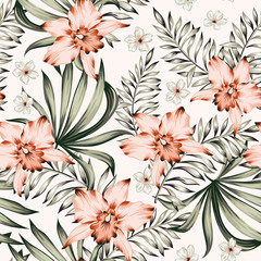 Tropical pink orchid, plumeria flowers and palm leaves bouquets background. Vector seamless pattern. Jungle foliage illustration. Exotic plants. Summer beach floral design. Paradise nature