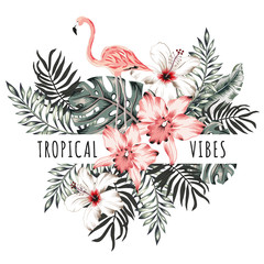 Fototapeta premium Pink flamingo, palm leaves, hibiscus, orchid, text Tropical vibes, white background. Print for t shirt, card, poster template. Vector illustration. Summer beach floral design with bird, flowers