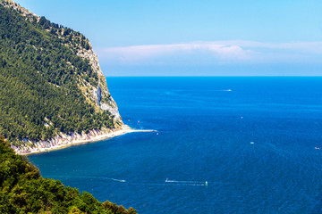 Fototapeta na wymiar Elevated scenic Adriatic Sea view of Monte Conero from Sirolo, Province of Ancona, Marche, Italy
