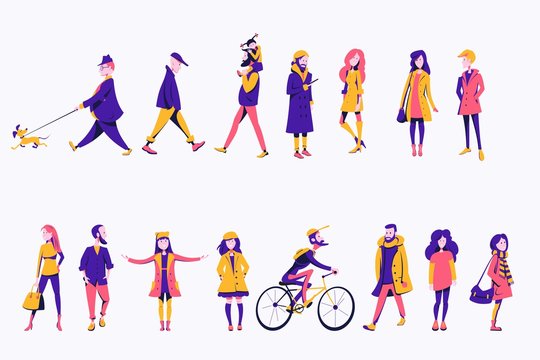 A crowd of people dressed in autumn clothes or outerwear are standing, walking, walking with a child and riding a bicycle, walking with animals. A group of men and women of different races. Flat chara