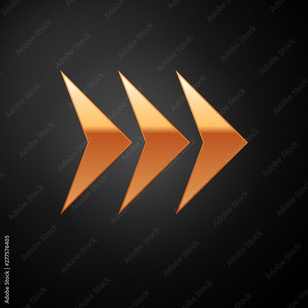 Poster gold arrow icon isolated on black background. direction arrowhead symbol. navigation pointer sign. v