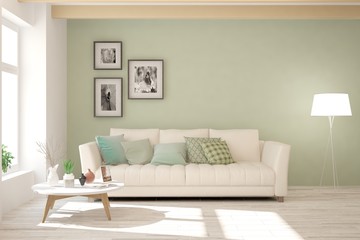 Stylish room in white color with sofa. Scandinavian interior design. 3D illustration