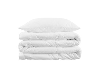 Stack of pillow and duvet on the white background, white pillow on the rolled duvet isolated, bedding objects isolated against white background, bedding items catalog illustration, bedding mock up