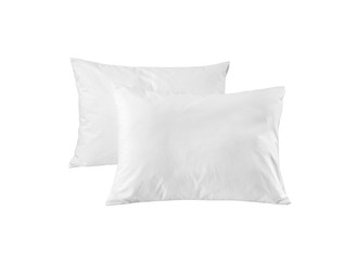 Two white pillows isolated, pillows on a white background, two pillows piled against white background. Top view.