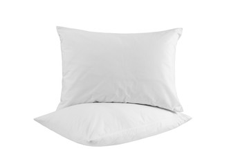Fototapeta na wymiar Two white pillows isolated, pillows on a white background, two pillows piled against white background. Front view.