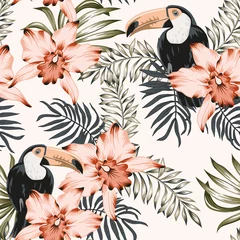 Wallpaper murals Orchidee Toucans, pink orchid flowers, palm leaves bouquets background. Vector floral seamless pattern. Tropical illustration. Exotic plants, birds. Summer beach design. Paradise nature