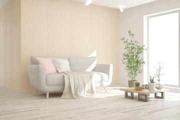 Stylish room in white color with sofa. Scandinavian interior design. 3D illustration