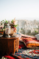 Outdoor wedding ceremony in Cappadocia, Turkey. Decorations for a wedding ceremony in Cappadocia