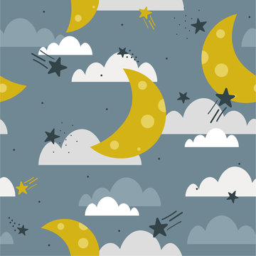 Moon, clouds and stars, hand drawn backdrop. Colorful seamless pattern, sky. Decorative cute wallpaper, good for printing. Overlapping colored background vector. Design illustration