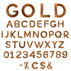 Gold alphabet and numbers. Modern design alphabet font, numbers and symbols. Vector illustration