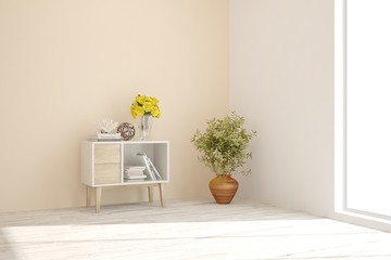 Empty room in white color. Scandinavian interior design. 3D illustration