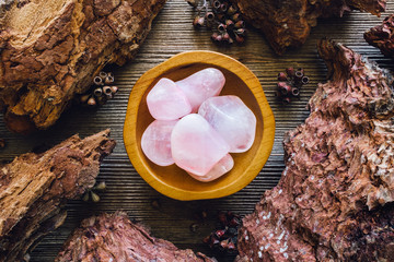 Bowl of Rose Quartz in Wood Frame