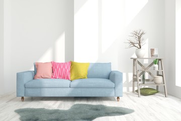 Stylish room in white color with sofa. Scandinavian interior design. 3D illustration