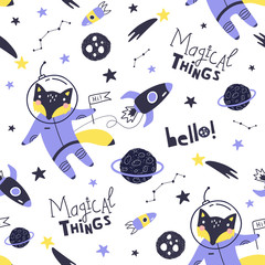 Seamless pattern with cute fox astronaut, planets, stars and comets. Space Background for Kids. Vector