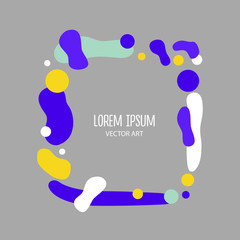 Doodle hand drawn color vector frame, border with text. Blue, white, yellow abstract spots isolated on grey background. Unique abstract texture template for invitations, cards, websites