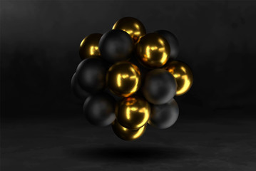 3d molecule or atom abstract design background. Golden black sheres banner. Vector illustration of balls textured with glitter. Jewelry gold cover concept. Black banner. Science element for design
