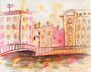 Watercolor cityscape. Line Art. Colour pencils.