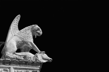 Griffon symbol of the city of Perugia in Umbria. Ancient 14th century medieval marble statue of the mythical beast (Black and White with copy space)