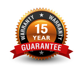  Heavy, powerful, Medal, Label, Icon, Seal, Sign, 15 year warranty badge with red ribbon on top, Isolated on White Background.