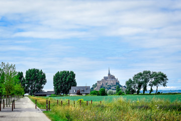 Fototapeta na wymiar General view of Mont Saint Michel, France. Path, farmland and trees. Blue sky as space for text.