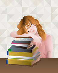 Chica cansada de estudiar, derrotada con muchos libros por leer