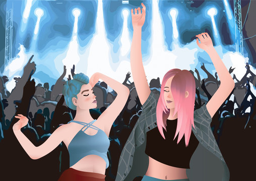 Dos chicas estilo alternativo boho de concierto en un festival