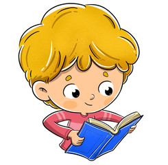 Boy reading a book happily and carefully