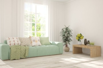 Stylish room in white color with sofa. Scandinavian interior design. 3D illustration