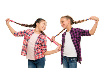 Dye hair fun colors. Keep hair braided for tidy look. Pupils with long braided hair. Hairdresser salon. Having fun. Rebellious spirit. Hairstyles school style. Girls long braids. Fashion trend