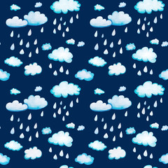 Seamless pattern with watercolor clouds and rain.