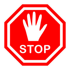 Octagonal stop sign with a white hand on a red background, movement is prohibited