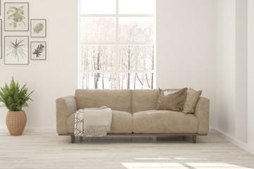 Stylish room in white color with sofa. Scandinavian interior design. 3D illustration