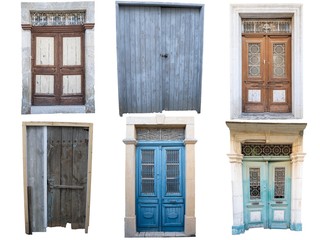 Collection of an old wooden doors from the village of Mediterranean region isolated on white