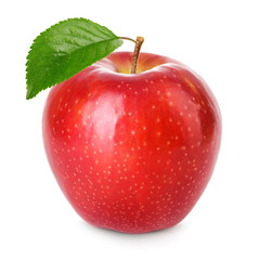 Red apple with green leaf isolated on a white background.